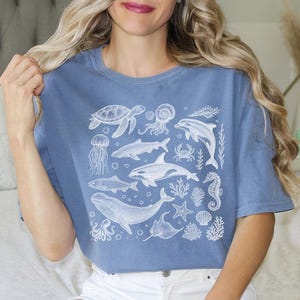 Sea Animals Vintage 90s Style (white) - Comfort Colors, Retro Ocean Sea Life shirt, Vintage Y2k Ocean Shirt, Whale, Sea Turtle, Dolphin tee