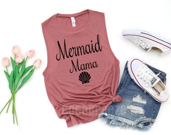 Mermaid MAMA - womens muscle tank. mermaid mom shirt, mermaid mommy shirt, mermaid party outfit, mermaid party shirt, under the sea party