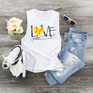 LOVE (softball) - womens muscle tank. softball mom shirt, softball mom t-shirt, tball shirt, tball shirt, softball shirts, baseball mama