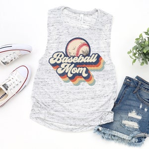 Retro Baseball Mom - womens muscle tank. baseball mom shirt, baseball mom t-shirt, tball shirt, t-ball shirt, softball shirt, baseball mama