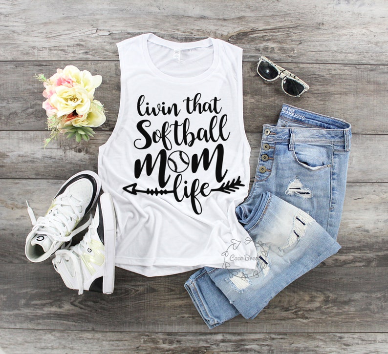 Livin that SOFTBALL mom life womens muscle tank. softball mom shirt, softball mom t-shirt, i'll always be your biggest fan,softball womens image 3