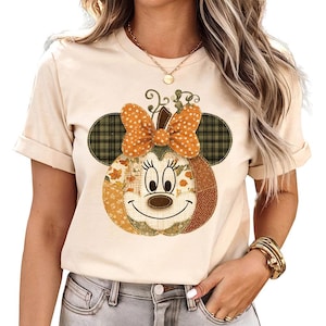Minnie Pumpkin - Halloween Patchwork Shirt, Disney Fall Pumpkin Shirt, Mickey Mouse Silhouette Shirt, Rustic Autumn Pumpkin Face Shirt