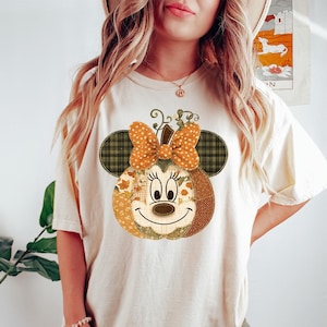 Minnie Pumpkin - Comfort Colors, Halloween Patchwork Shirt, Disney Fall Pumpkin Shirt, Mickey Mouse Shirt, Rustic Autumn Pumpkin Face Shirt