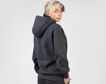 Grey woman jumper, Cotton jumper with hoodie, Hooded women pullover sweater, Sporty loungewear jumper in dark gray