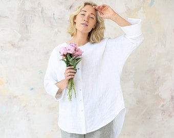Oversized Weißes Leinen Top, Geknöpftes Kimono Shirt, Leinen Tops für Frauen