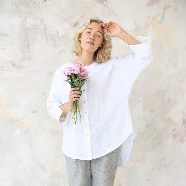 Oversized White Linen Top, Buttoned Kimono Shirt, Linen Tops for Woman