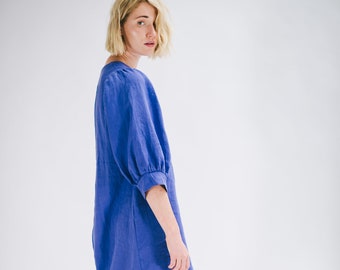 Simple Handmade Linen Dress with Balloon Sleeves, Short Loose Fit Style Tunic-Dress
