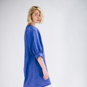 Simple Handmade Linen Dress with Balloon Sleeves, Short Loose Fit Style Tunic-Dress image 1