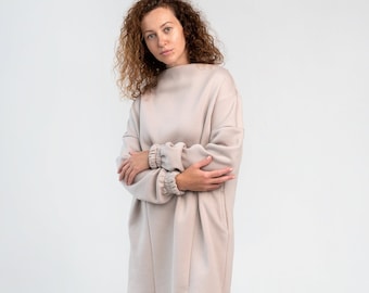 Oversized Womens Dress, Fall Cotton Dress in Beige, Loose Fit Midi Dress with Pockets, Soft Cotton Tunic Dress GILA