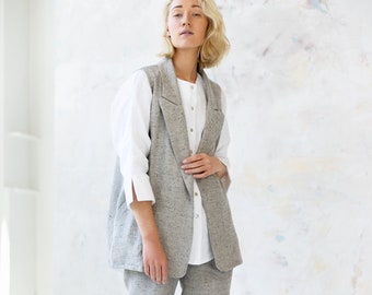 Gray Linen Vest, Long Linen Cardigan Vest with Pockets