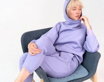 Cosy Fall Jumper Joggers Set, High Quality Cotton Two Piece Set for Women, Comfortable Hoodie Tracksuit in Lavender Colour CONGO