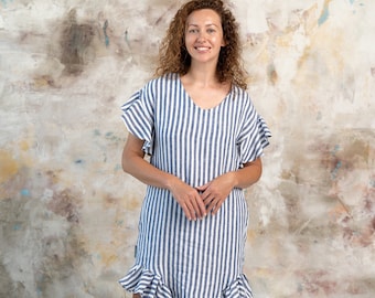 Striped linen dress, organic linen midi dress, Loose fit linen dress, Womens summer dress