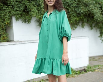 Green puff sleeve dress, Mini women's dress, Wedding guest dress with bow, Ruff hem dress, Balloon style dress