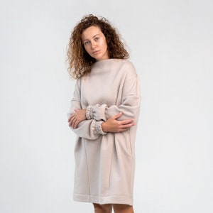 Oversized Womens Dress, Fall Cotton Dress in Beige, Loose Fit Midi Dress with Pockets, Soft Cotton Tunic Dress GILA image 1