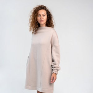 Oversized Womens Dress, Fall Cotton Dress in Beige, Loose Fit Midi Dress with Pockets, Soft Cotton Tunic Dress GILA image 5