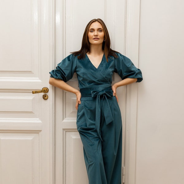 Costume de luxe deux pièces pour femmes, Ensemble pantalon large blouse enveloppante, Ensemble de haut et de pantalon, Tenue de soirée femme, Co-ords Velour, Co-ords Velvet