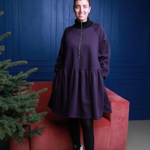 Jumper dress with zip, Womens smock dress with pockets, Cotton dress, Warm spring dress, Loose smock dress, Sweaterdress in purple image 2