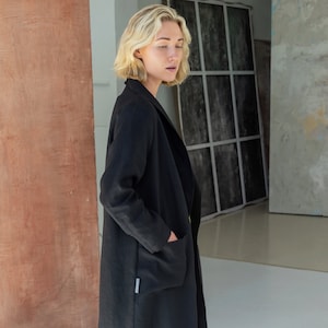 Black Linen Duster Coat: Oversized Long Cardigan with Pockets