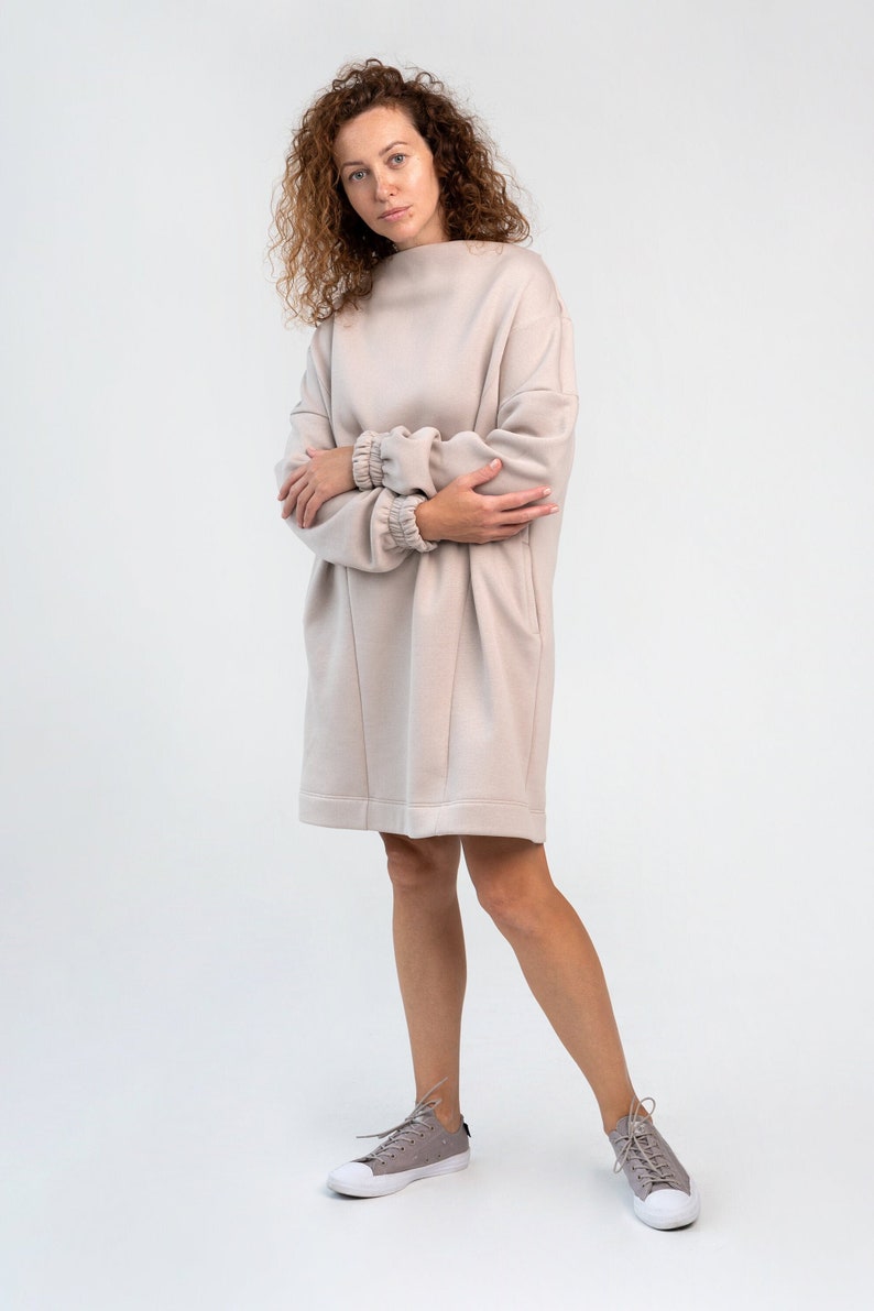 Oversized Womens Dress, Fall Cotton Dress in Beige, Loose Fit Midi Dress with Pockets, Soft Cotton Tunic Dress GILA image 1