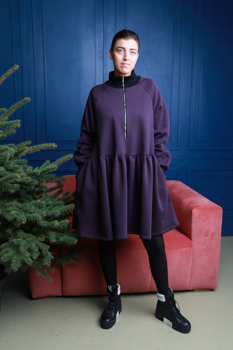 Jumper dress with zip, Womens smock dress with pockets, Cotton dress, Warm spring dress, Loose smock dress, Sweaterdress in purple image 1