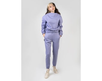 Woman trousers, Comfortable full length pants, Lavender pants with pockets, Pants with elastic waistband and inner pockets for women