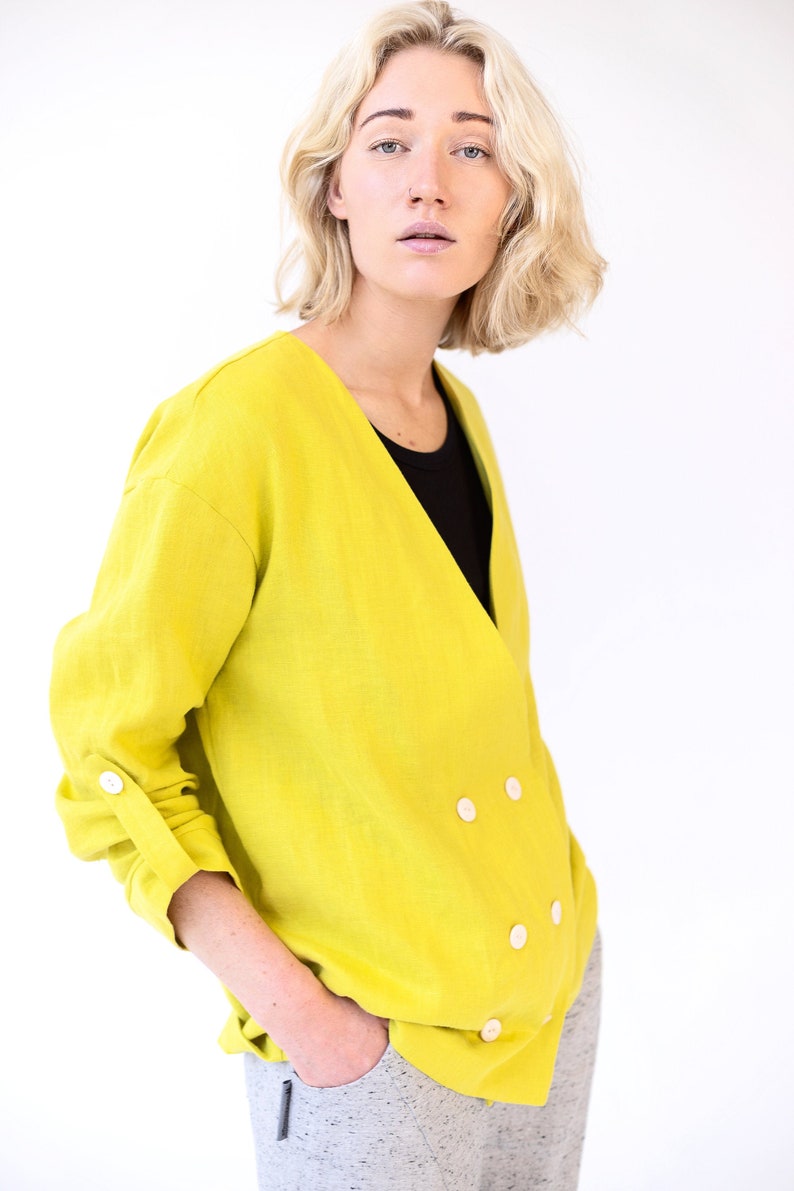 Yellow linen jacket, Drop shoulder jacket, Fall jacket, Womens oversized linen jacket image 1