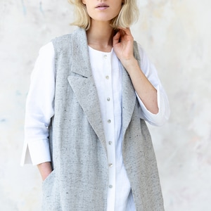 Gray Linen Vest, Long Linen Cardigan Vest with Pockets image 2