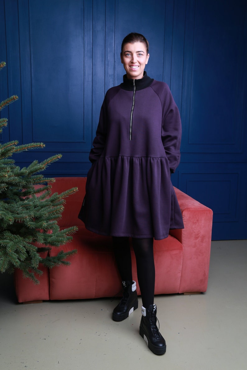 Jumper dress with zip, Womens smock dress with pockets, Cotton dress, Warm spring dress, Loose smock dress, Sweaterdress in purple image 2