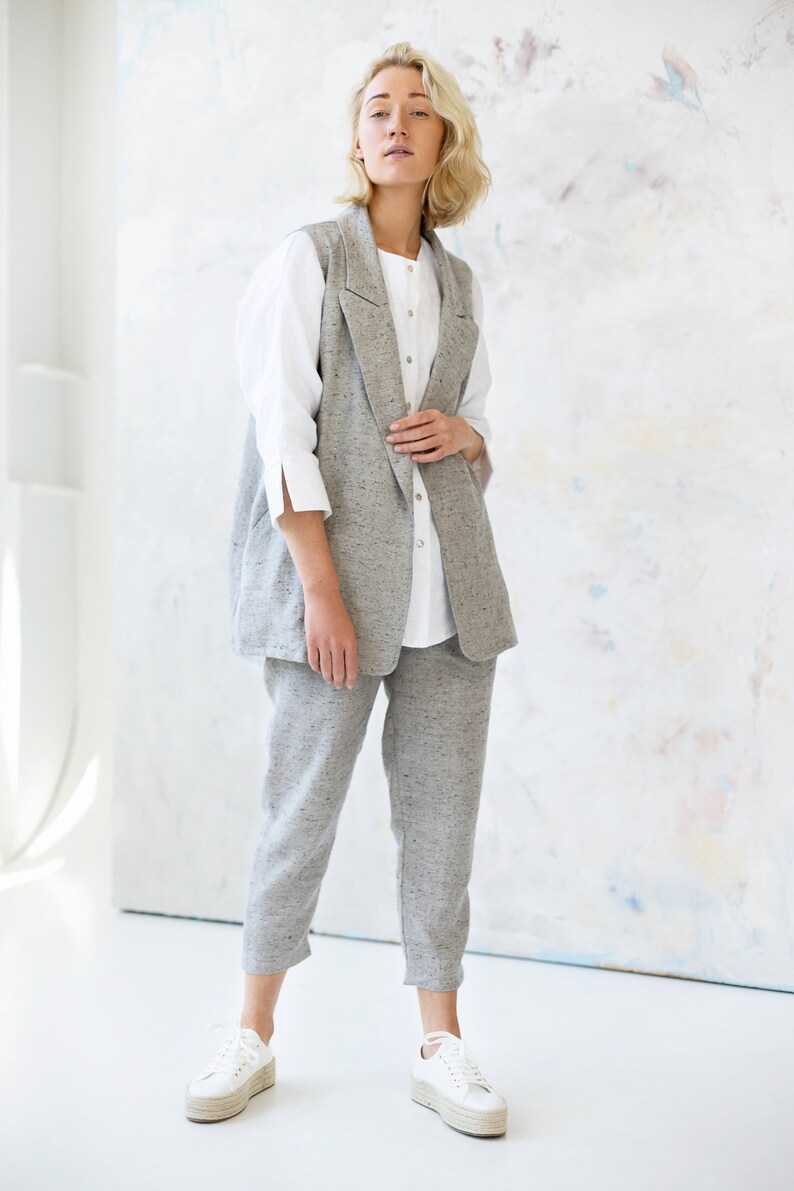 Gray Linen Vest, Long Linen Cardigan Vest with Pockets image 1