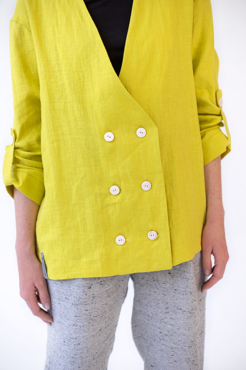 Yellow linen jacket, Drop shoulder jacket, Fall jacket, Womens oversized linen jacket image 6