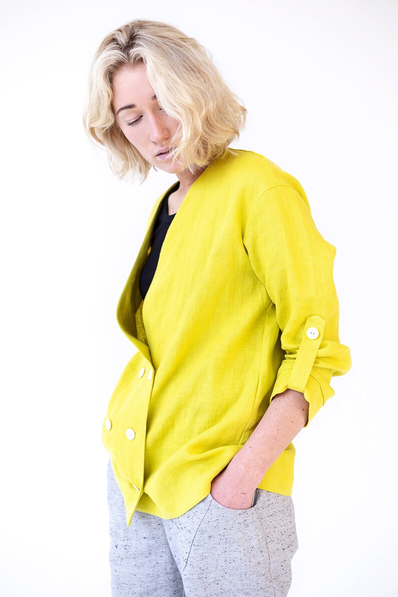 Yellow linen jacket, Drop shoulder jacket, Fall jacket, Womens oversized linen jacket image 2