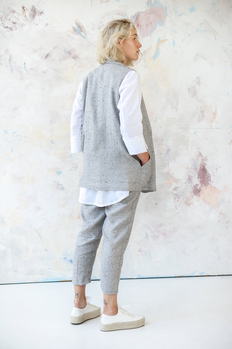 Gray Linen Vest, Long Linen Cardigan Vest with Pockets image 3