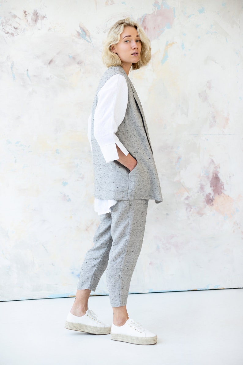 Gray Linen Vest, Long Linen Cardigan Vest with Pockets image 5