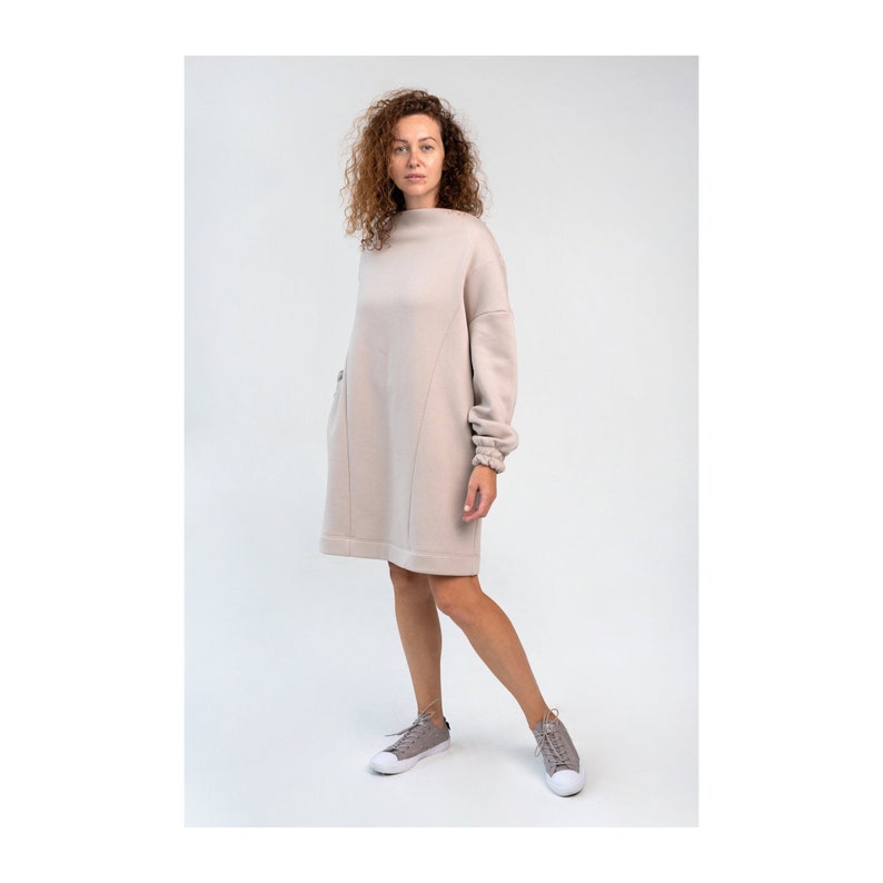Oversized Womens Dress, Fall Cotton Dress in Beige, Loose Fit Midi Dress with Pockets, Soft Cotton Tunic Dress GILA image 2