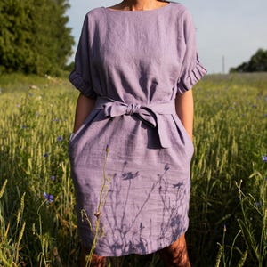 Pure soft linen midi dress, Short sleeve oversized style linen dress, Wide sleeve summer linen dresses, Women natural linen loose fit dress