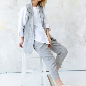 Gray Linen Vest, Long Linen Cardigan Vest with Pockets image 4