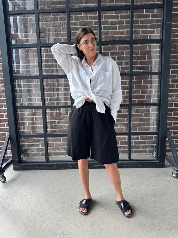Wide Leg Black High Waisted Bermuda Shorts Black Linen Bermuda Shorts: High  Waist Wide Leg Summer Shorts