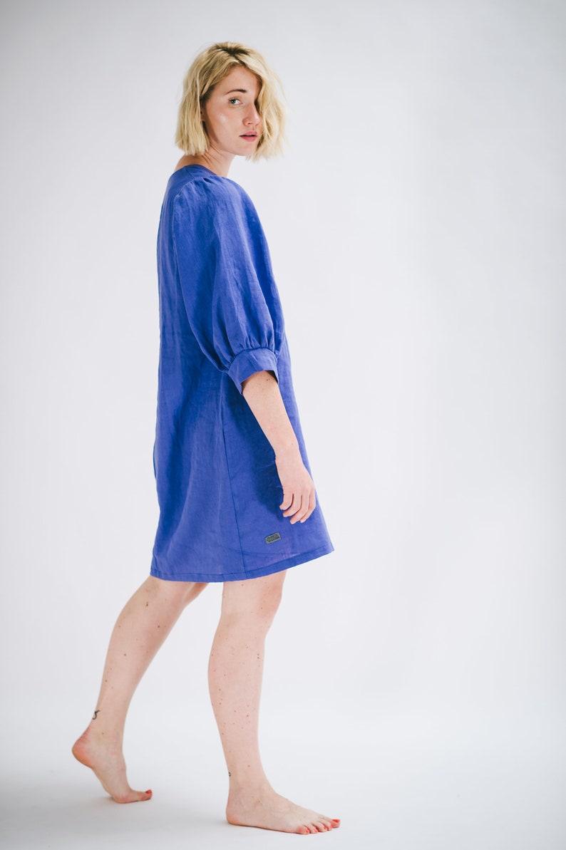 Simple Handmade Linen Dress with Balloon Sleeves, Short Loose Fit Style Tunic-Dress image 1