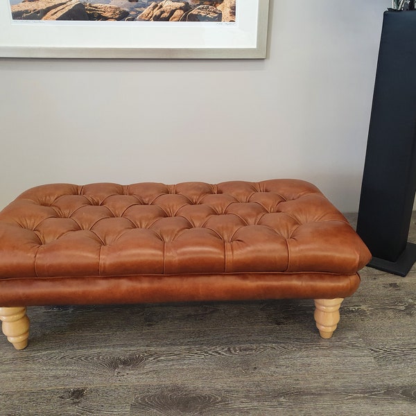 Leather Chesterfield Footstool Deep Buttoned Genuine leather Coffee Table Footstool, Pull up leather which shows marks and characteristics.