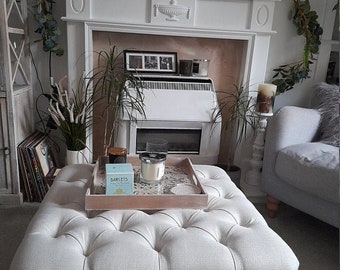 Square 76 cm x 76 cm Footstool/coffee table Ottoman, Deep Buttoned, Chesterfield Style Faux Linen