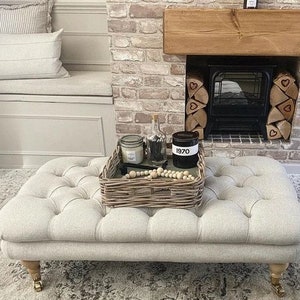 100 cm x 54 cm Chesterfield style deep buttoned Footstool coffee table/Ottoman made in Faux Linen fabric. UK DELIVERY ONLY