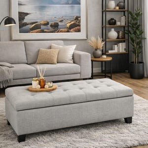 Large Footstool, Footstall, Open top storage Ottoman, Coffee table full upholstered Sky Blue or Navy Linen Type fabric SALE PRICE last few