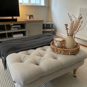 Square 76 cm x 76 cm Footstool/coffee table Ottoman, Deep Buttoned, Chesterfield Style Faux Linen