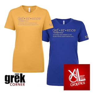 May include: Two women's t-shirts with a blue and yellow color scheme. The shirts feature the word "deference" with a definition and the Greek letters "ΣΠ" on the sleeves. The shirts are displayed on a white background with a logo for "Greek Corner" and "Xtreme Digital Layouts Graphics" at the bottom.