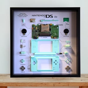 Puede incluir: Una exhibición enmarcada que presenta una Nintendo DS Lite desmontada. Los componentes están dispuestos sobre un fondo morado claro, incluyendo la placa de circuito, los botones y la carcasa de la consola azul claro. El marco es negro.