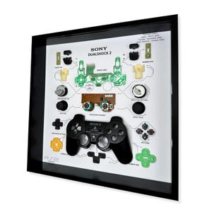 Pu&ograve; includere: Un'esposizione incorniciata con un controller Sony DualShock 2 nero e i suoi componenti smontati. I componenti sono disposti su uno sfondo bianco con etichette, tra cui "Vibration Motors" e "Buttons". La cornice &egrave; nera.