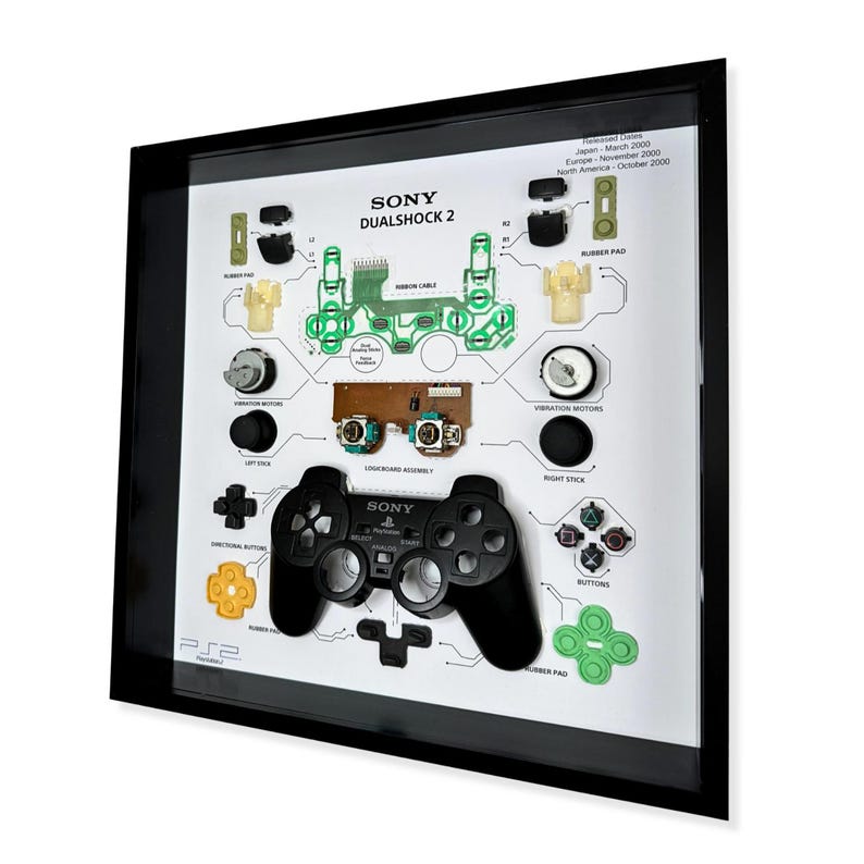 Pu&ograve; includere: Un'esposizione incorniciata con un controller Sony DualShock 2 nero e i suoi componenti smontati. I componenti sono disposti su uno sfondo bianco con etichette, tra cui "Vibration Motors" e "Buttons". La cornice &egrave; nera.