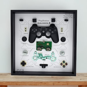 Puede incluir: Un marco que muestra un mando PlayStation DualShock 3 desmontado, revelando sus componentes internos. El mando negro está centrado, con una placa de circuito verde y otras piezas sobre un fondo blanco. El texto incluye "PlayStation DUALSHOCK 3" y fechas de lanzamiento.