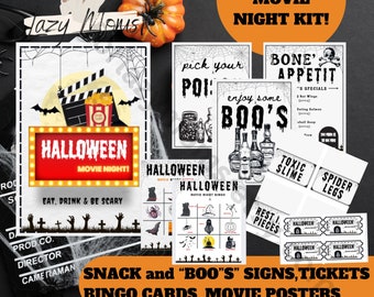 Printable Halloween Movie Night Kit |  Movie Tickets | Halloween Movie Night Posters | Halloween Snack Bar Signs | Halloween Menu Sign