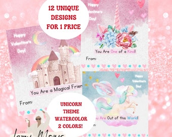 Watercolor Unicorn Valentine Cards, Printable Unicorn Valentines, Printable Valentine's Day Cards For Kids, Modern Valentine's Day Card 2023